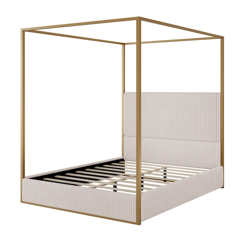 Contemporary Corduroy Upholstered Canopy Bed with Tall Headboard & Sleek Metal Frame