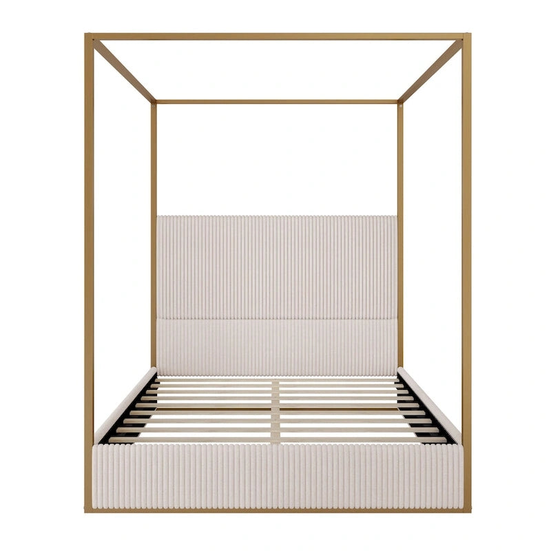 Contemporary Corduroy Upholstered Canopy Bed with Tall Headboard & Sleek Metal Frame