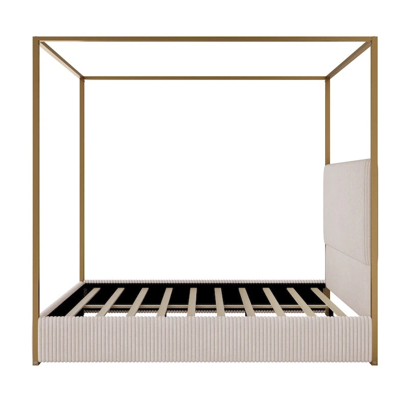 Contemporary Corduroy Upholstered Canopy Bed with Tall Headboard & Sleek Metal Frame
