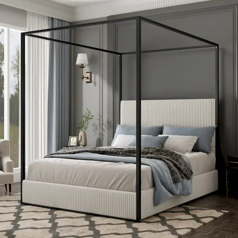 Contemporary Corduroy Upholstered Canopy Bed with Tall Headboard & Sleek Metal Frame