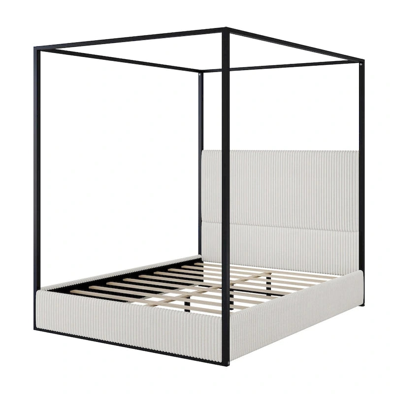 Contemporary Corduroy Upholstered Canopy Bed with Tall Headboard & Sleek Metal Frame