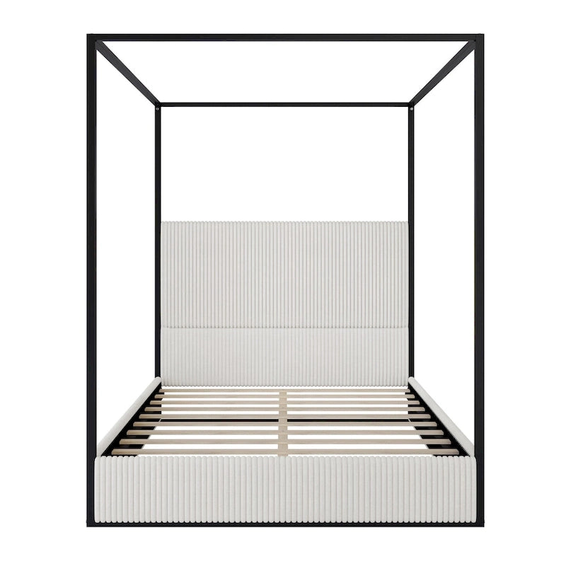 Contemporary Corduroy Upholstered Canopy Bed with Tall Headboard & Sleek Metal Frame