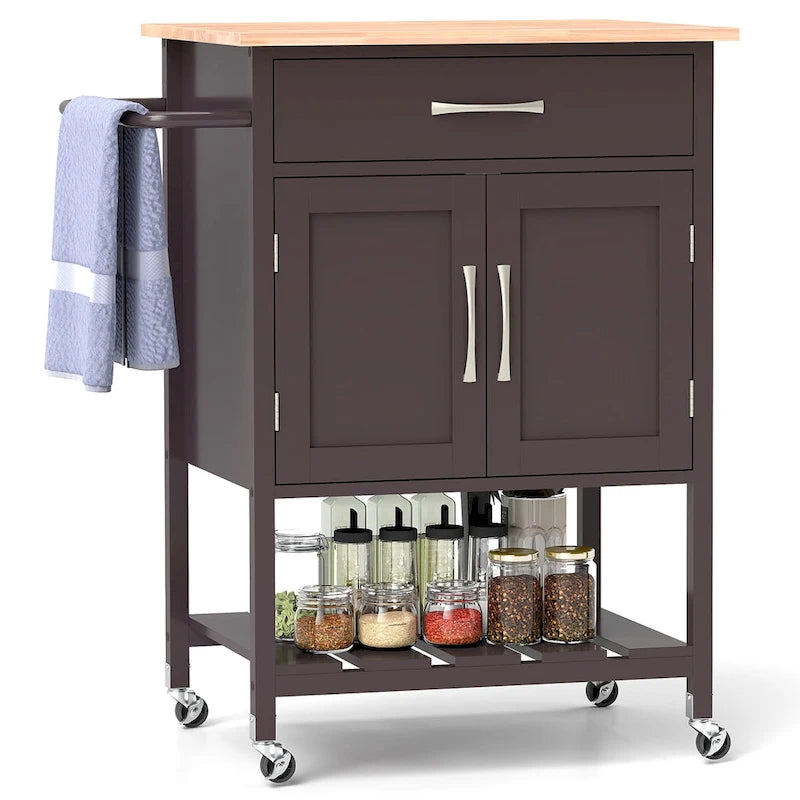 Rolling Kitchen Island Cart with Drawer & 2-Door Storage Cabinet