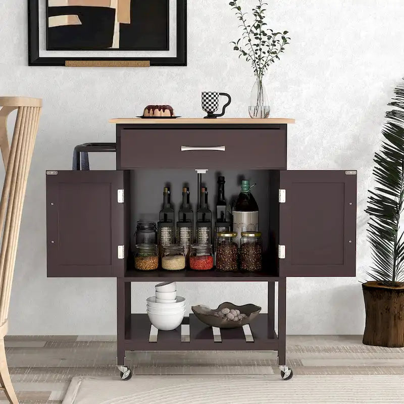Rolling Kitchen Island Cart with Drawer & 2-Door Storage Cabinet