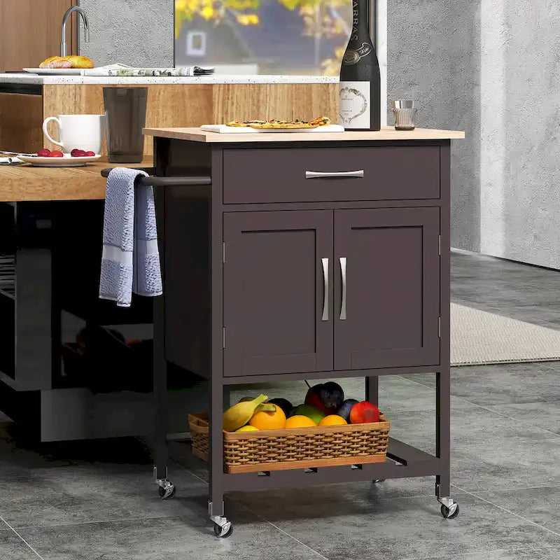 Rolling Kitchen Island Cart with Drawer & 2-Door Storage Cabinet