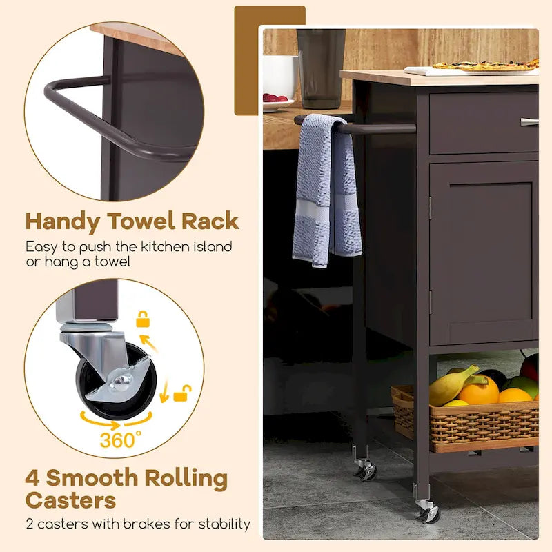 Rolling Kitchen Island Cart with Drawer & 2-Door Storage Cabinet