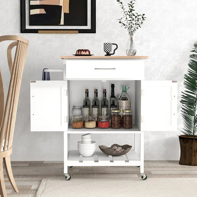 Rolling Kitchen Island Cart with Drawer & 2-Door Storage Cabinet