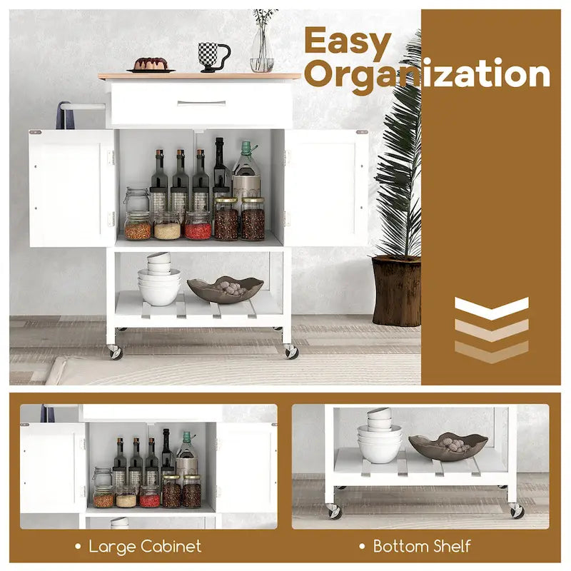 Rolling Kitchen Island Cart with Drawer & 2-Door Storage Cabinet