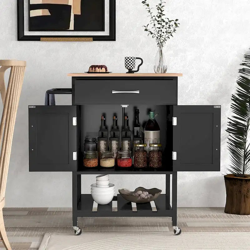 Rolling Kitchen Island Cart with Drawer & 2-Door Storage Cabinet