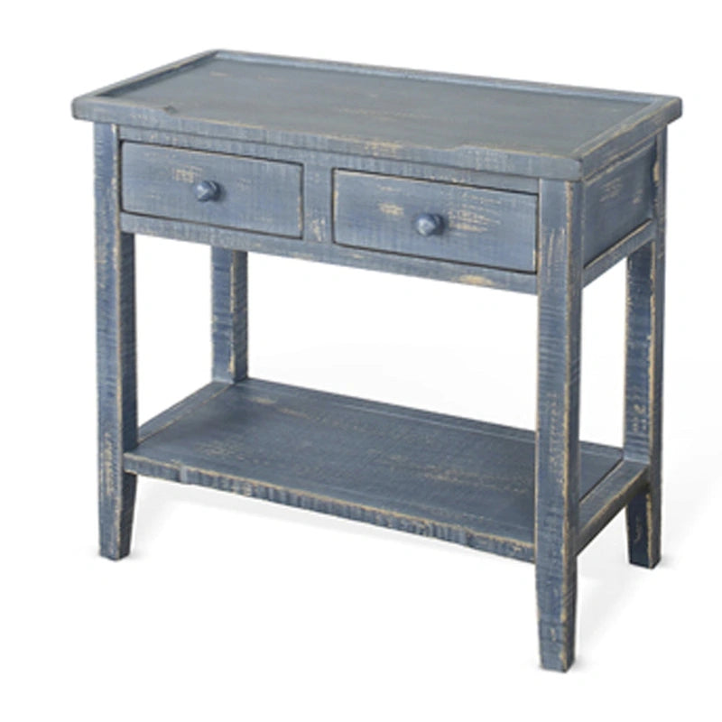 2-Drawer Side End Table, Rustic Blue Mahogany, 28 Inch