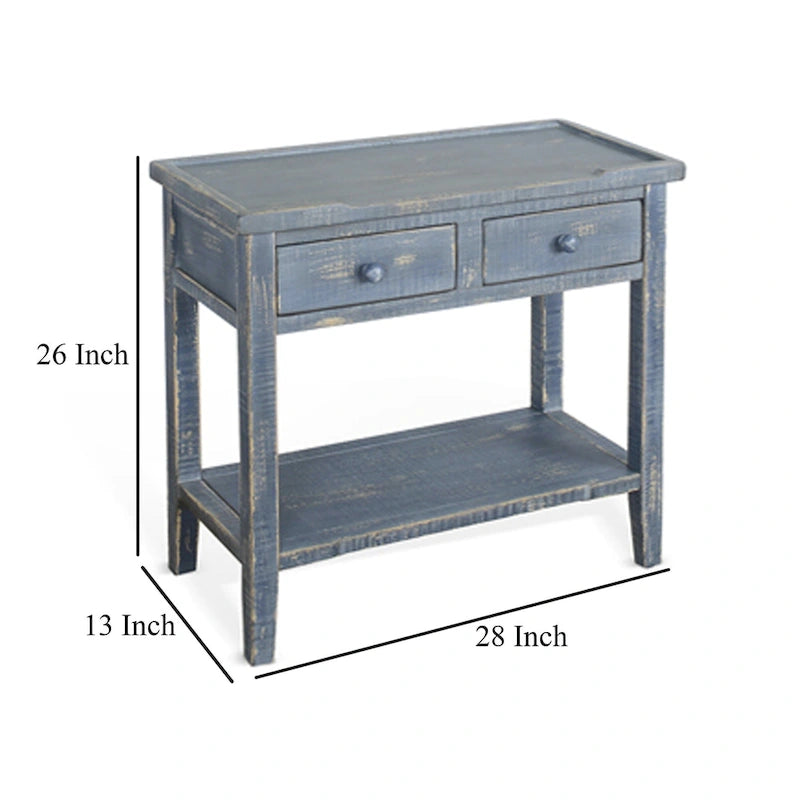 2-Drawer Side End Table, Rustic Blue Mahogany, 28 Inch