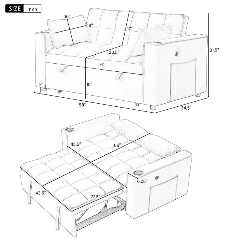 58" 4-in-1 Multi-functional Sofa Bed with Cup Holder and USB Port