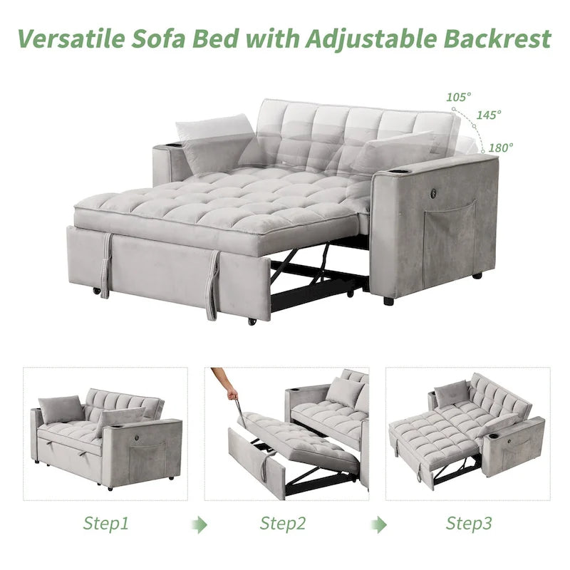 58" 4-in-1 Multi-functional Sofa Bed with Cup Holder and USB Port
