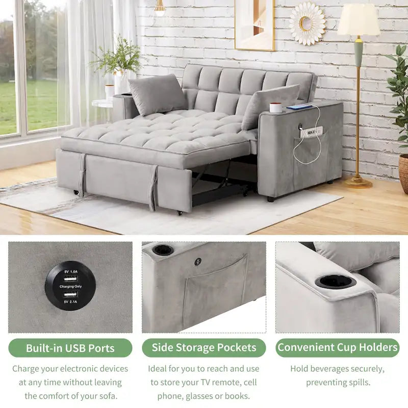 58" 4-in-1 Multi-functional Sofa Bed with Cup Holder and USB Port