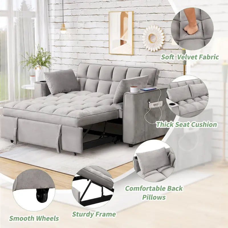 58" 4-in-1 Multi-functional Sofa Bed with Cup Holder and USB Port