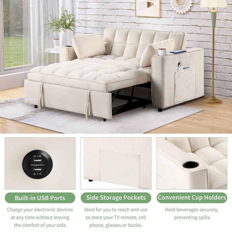 58" 4-in-1 Multi-functional Sofa Bed with Cup Holder and USB Port