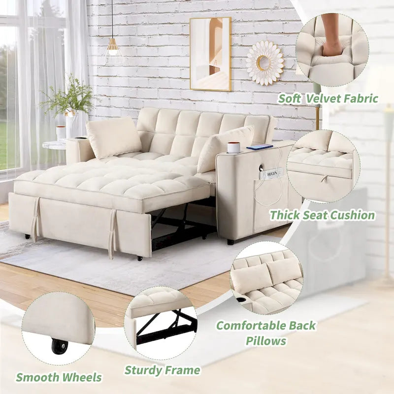 58" 4-in-1 Multi-functional Sofa Bed with Cup Holder and USB Port