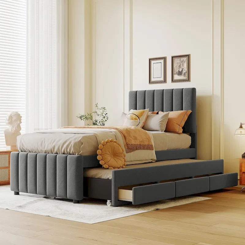 Twin Size Linen Upholstered Platform Bed Frame with Trundle & 3 Drawers
