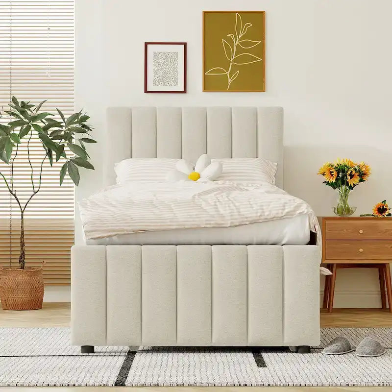 Twin Size Linen Upholstered Platform Bed Frame with Trundle & 3 Drawers