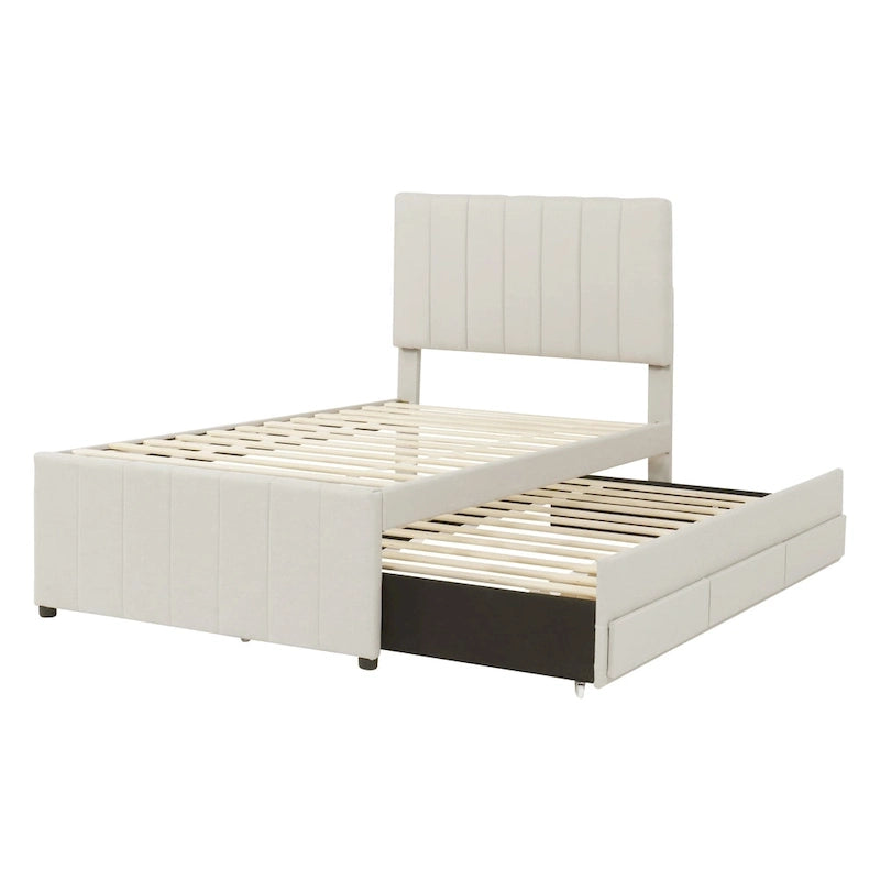 Twin Size Linen Upholstered Platform Bed Frame with Trundle & 3 Drawers