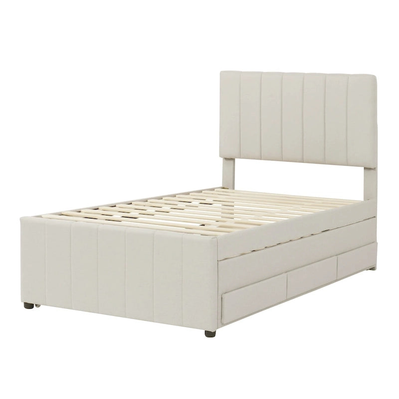 Twin Size Linen Upholstered Platform Bed Frame with Trundle & 3 Drawers