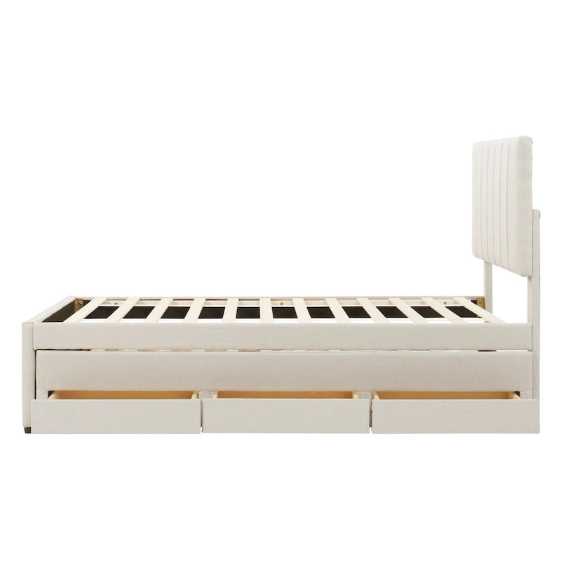 Twin Size Linen Upholstered Platform Bed Frame with Trundle & 3 Drawers