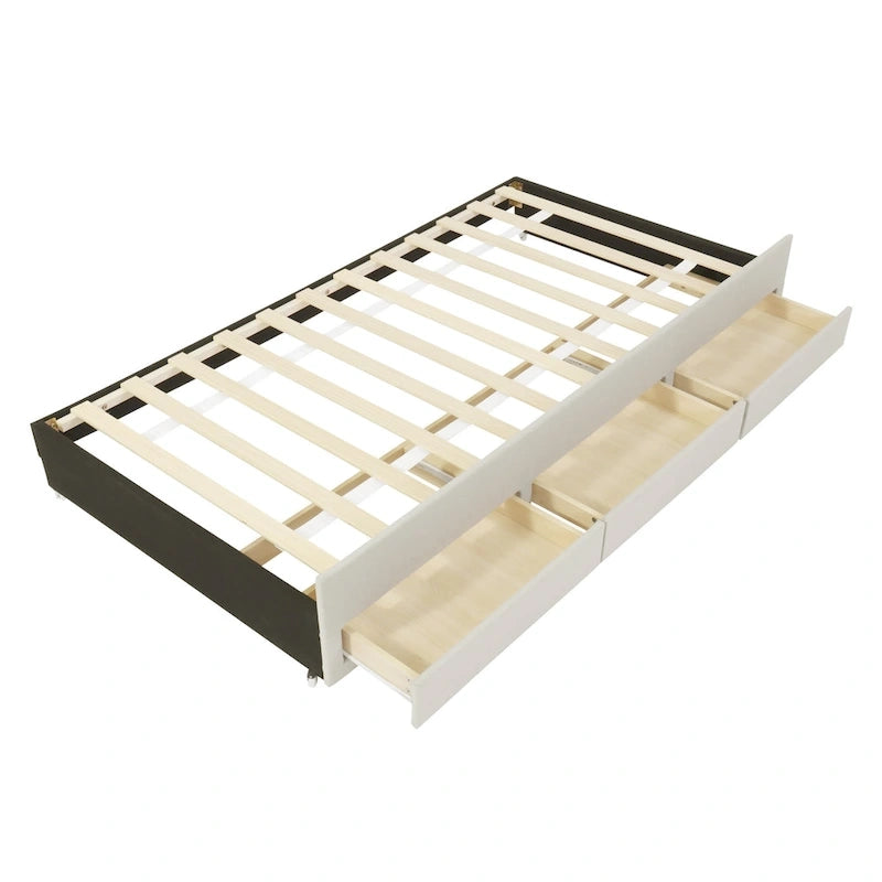 Twin Size Linen Upholstered Platform Bed Frame with Trundle & 3 Drawers