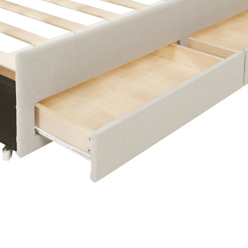 Twin Size Linen Upholstered Platform Bed Frame with Trundle & 3 Drawers