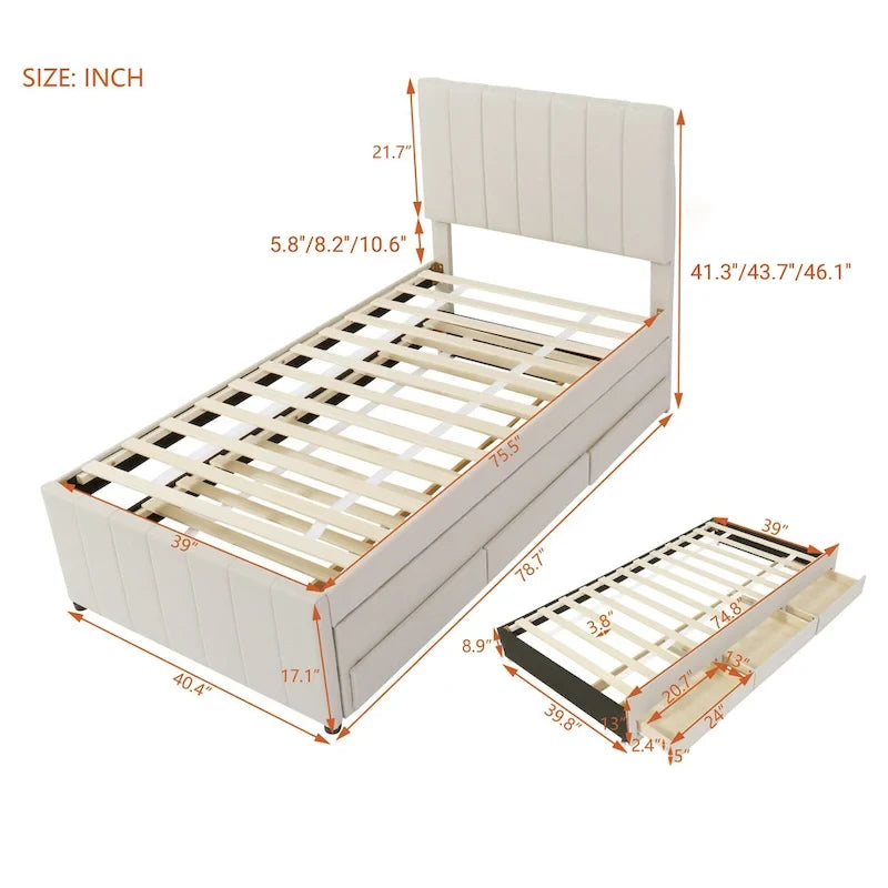 Twin Size Linen Upholstered Platform Bed Frame with Trundle & 3 Drawers