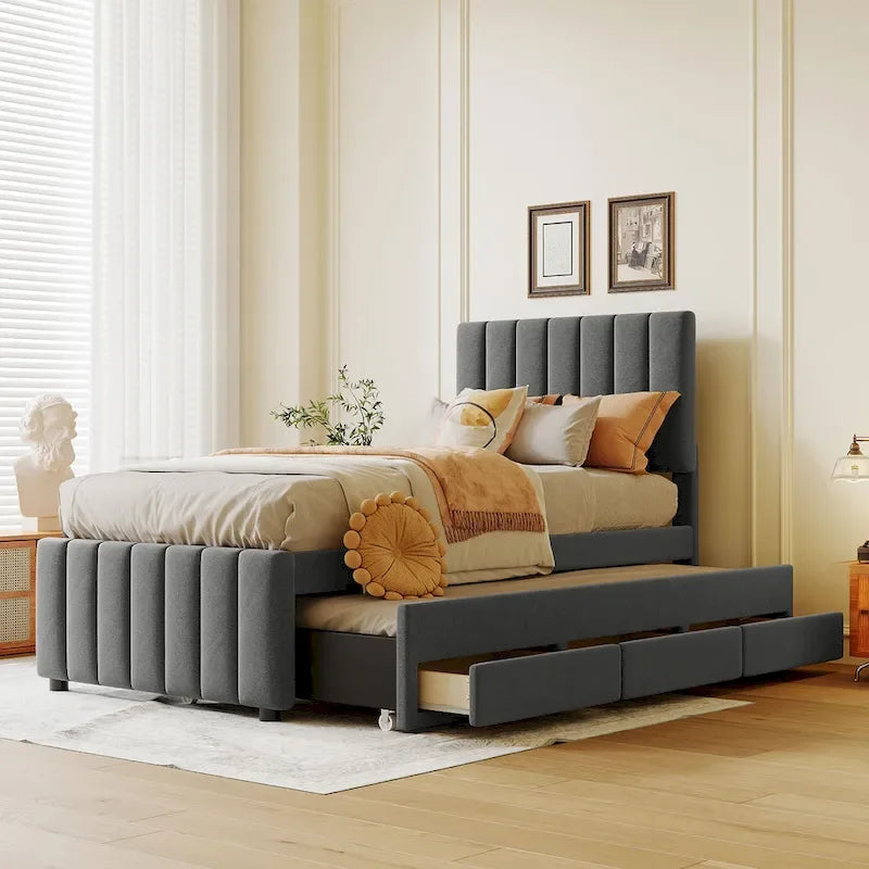 Twin Size Linen Upholstered Platform Bed Frame with Trundle & 3 Drawers