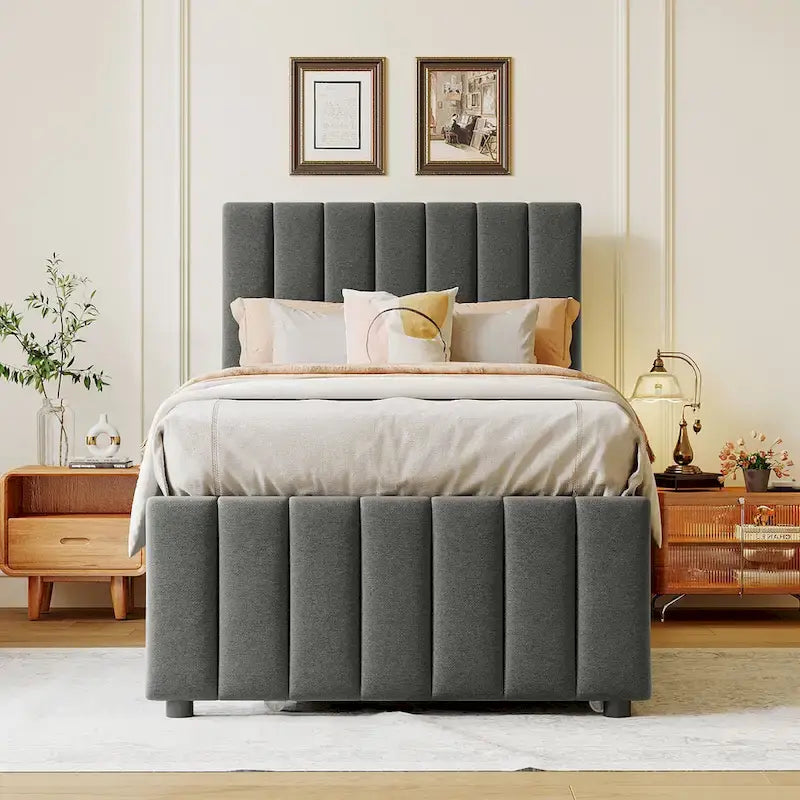 Twin Size Linen Upholstered Platform Bed Frame with Trundle & 3 Drawers
