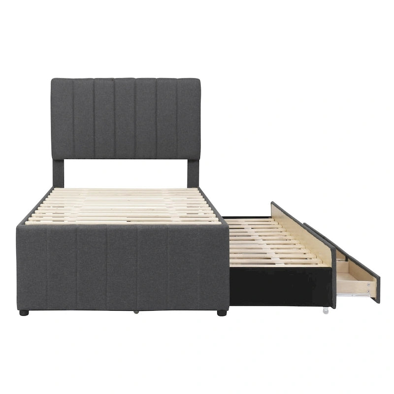 Twin Size Linen Upholstered Platform Bed Frame with Trundle & 3 Drawers