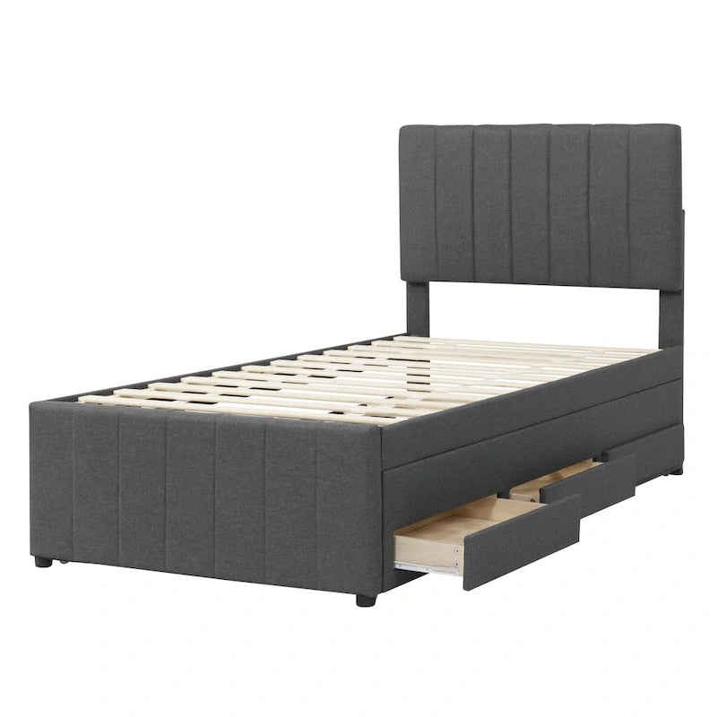 Twin Size Linen Upholstered Platform Bed Frame with Trundle & 3 Drawers