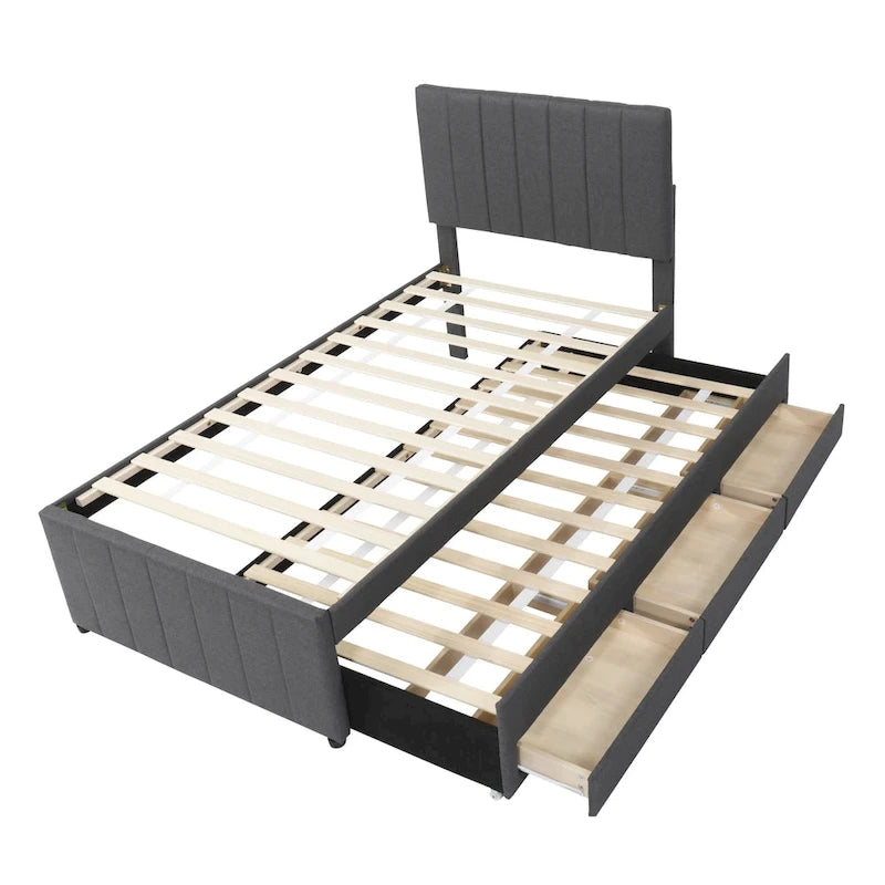 Twin Size Linen Upholstered Platform Bed Frame with Trundle & 3 Drawers