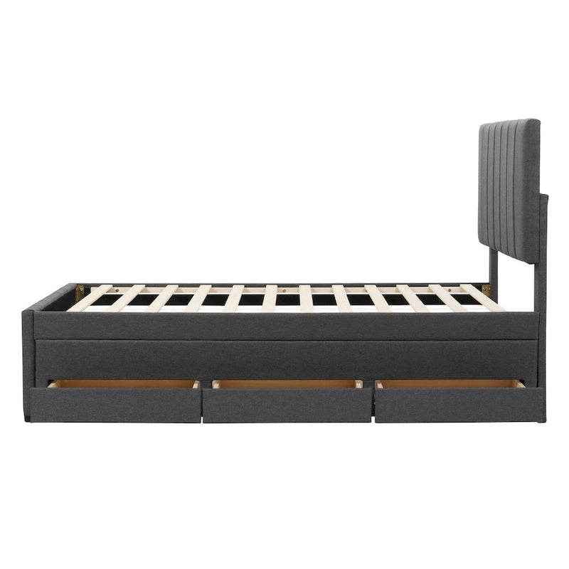 Twin Size Linen Upholstered Platform Bed Frame with Trundle & 3 Drawers
