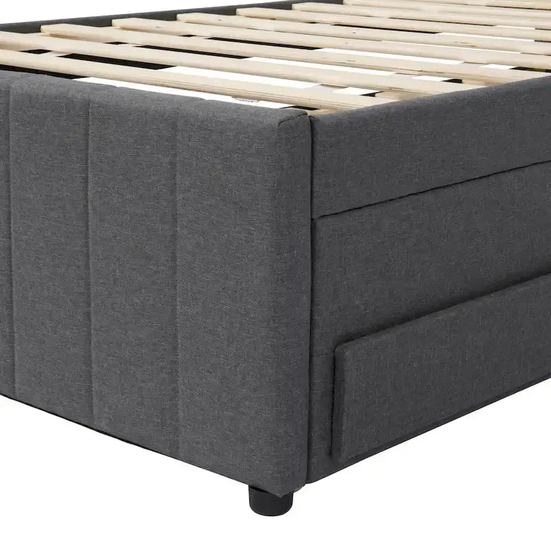 Twin Size Linen Upholstered Platform Bed Frame with Trundle & 3 Drawers