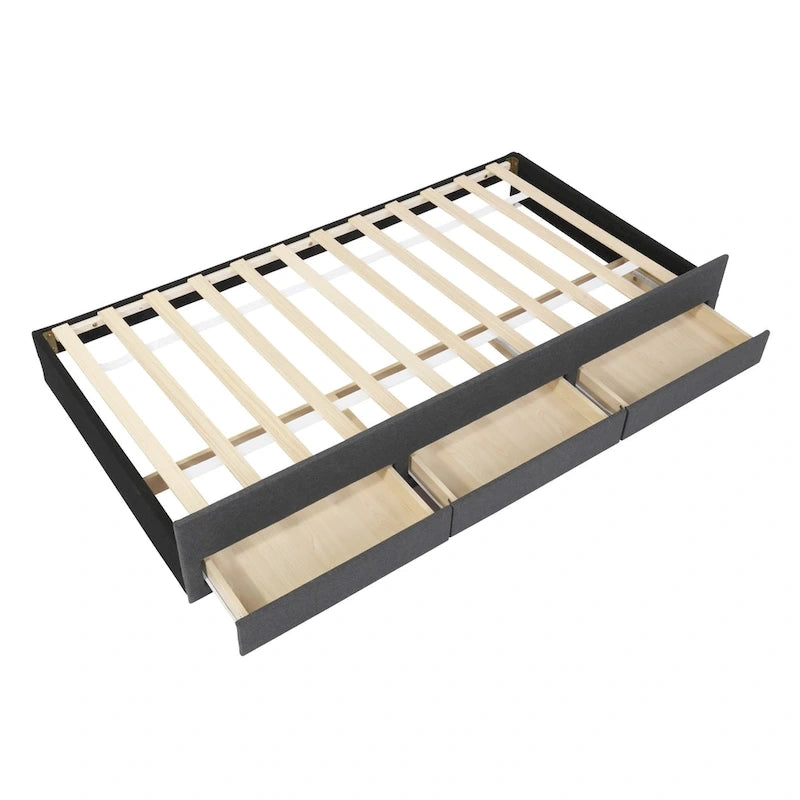 Twin Size Linen Upholstered Platform Bed Frame with Trundle & 3 Drawers