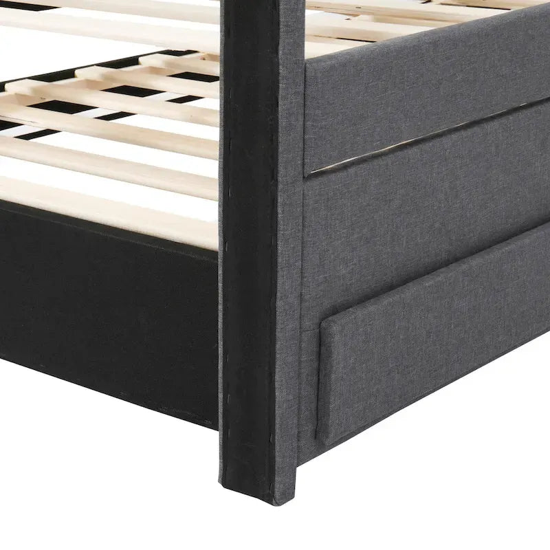 Twin Size Linen Upholstered Platform Bed Frame with Trundle & 3 Drawers