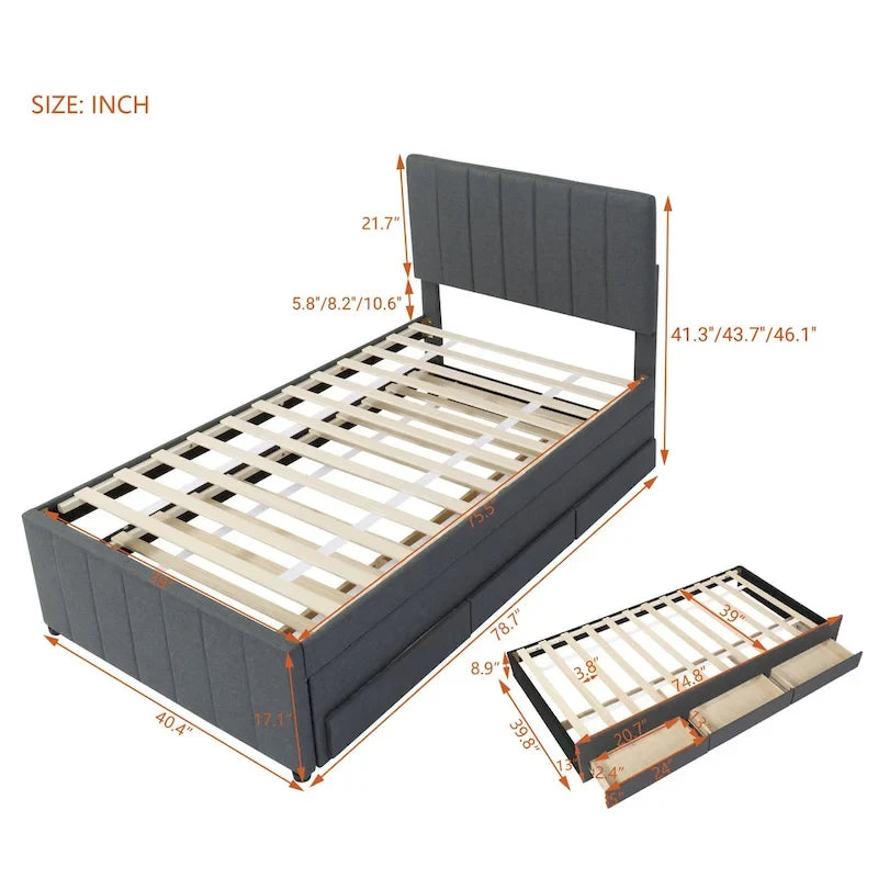 Twin Size Linen Upholstered Platform Bed Frame with Trundle & 3 Drawers