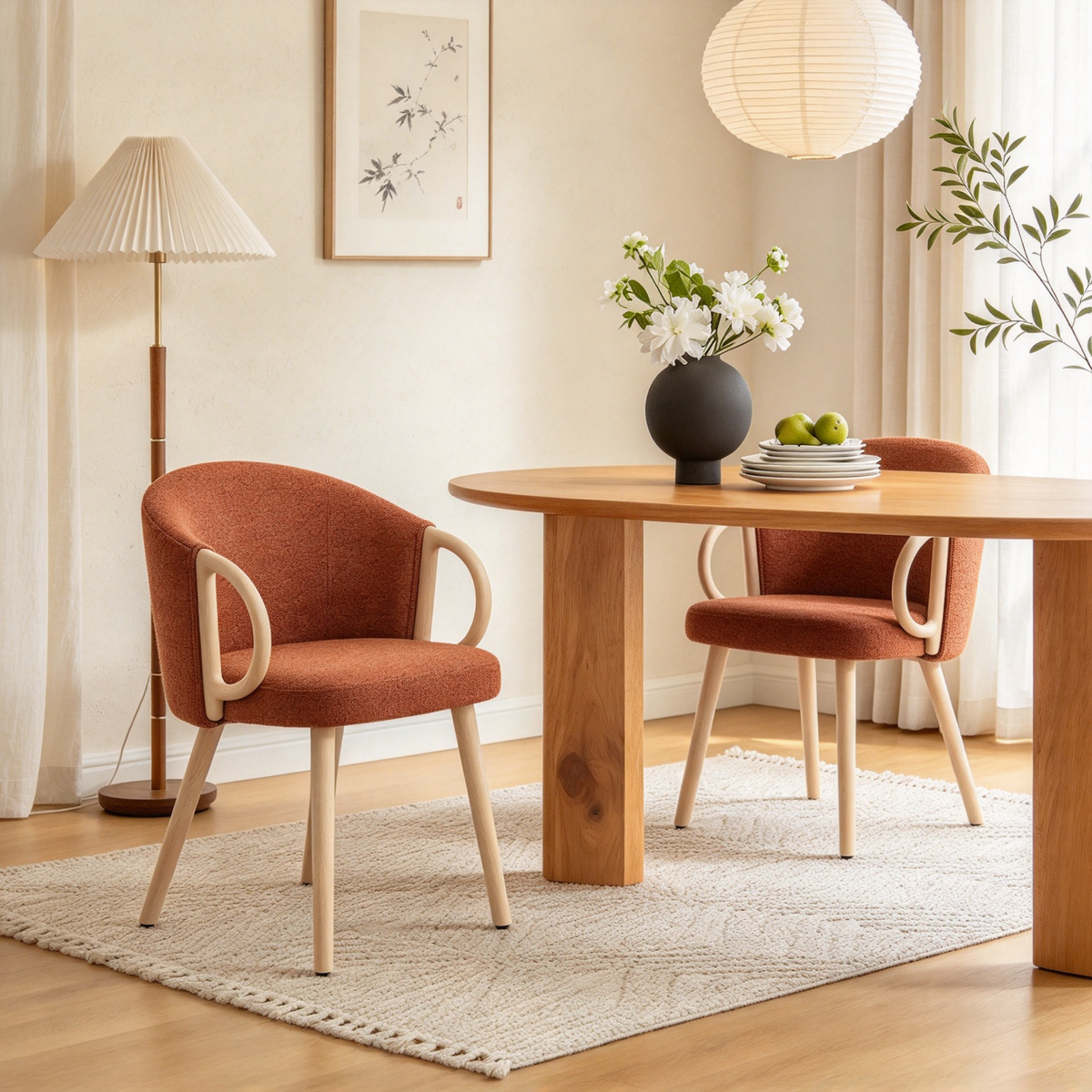 Modern Fabric Accent Dining Chair with Wood Armrests (Set of 2)