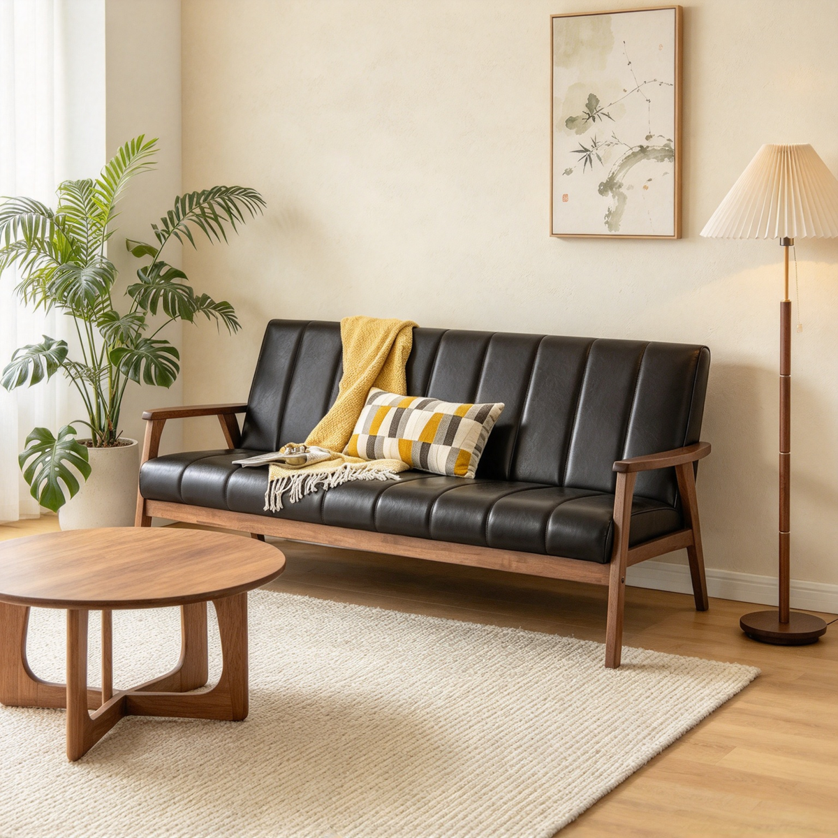 Mid-Century Modern Dark Brown Faux Leather 3-Seater Sofa