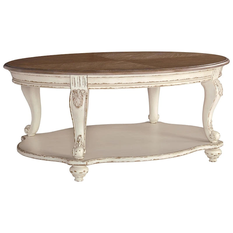 Oval Coffee Table, White/Brown Cottage Style