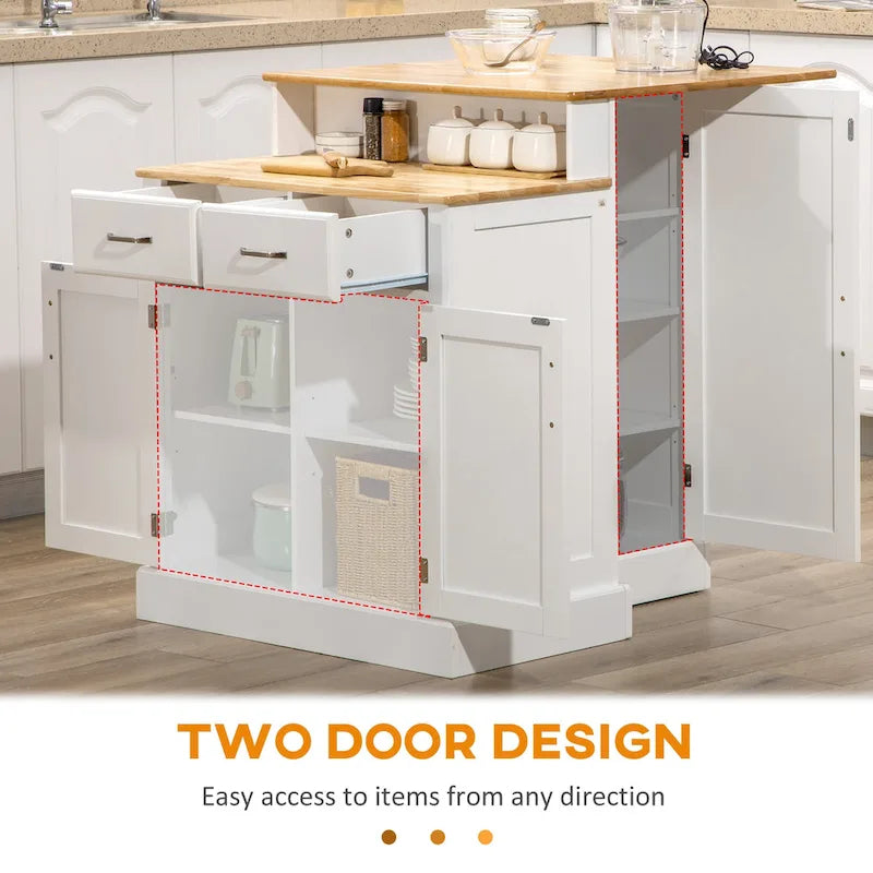 Kitchen Island with Storage Cabinet and 2-Level Rubber Wood Tabletop, Island Table with Adjustable Shelves and Drawers