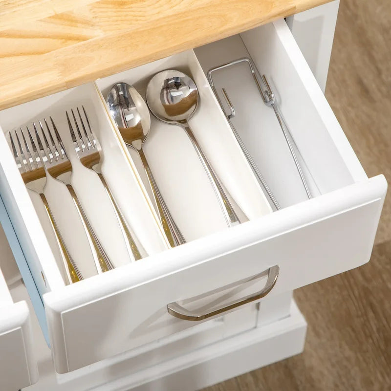 Kitchen Island with Storage Cabinet and 2-Level Rubber Wood Tabletop, Island Table with Adjustable Shelves and Drawers