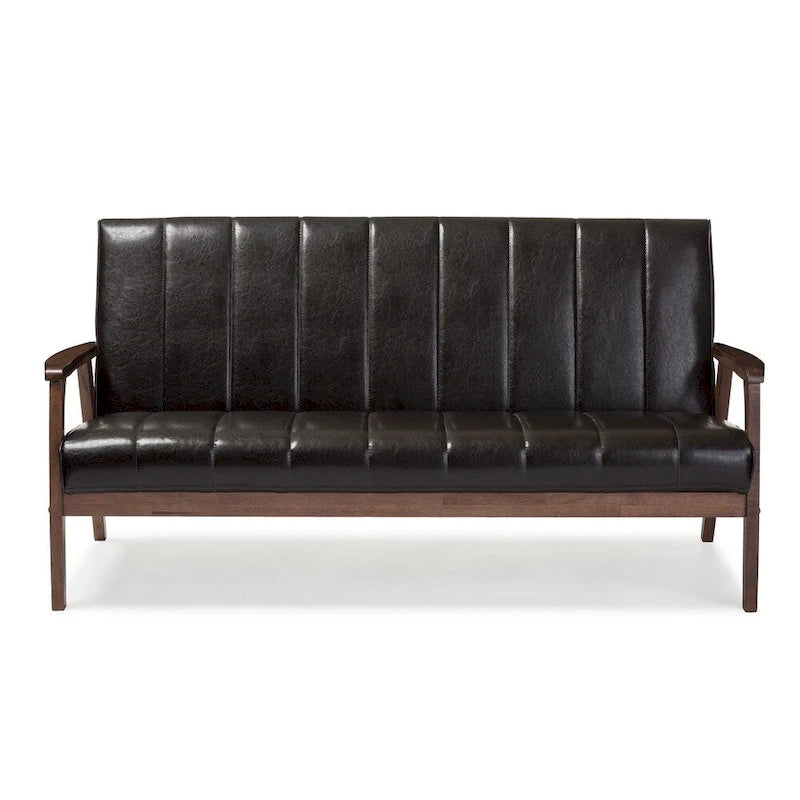 Mid-Century Modern Dark Brown Faux Leather 3-Seater Sofa