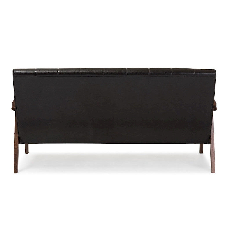 Mid-Century Modern Dark Brown Faux Leather 3-Seater Sofa
