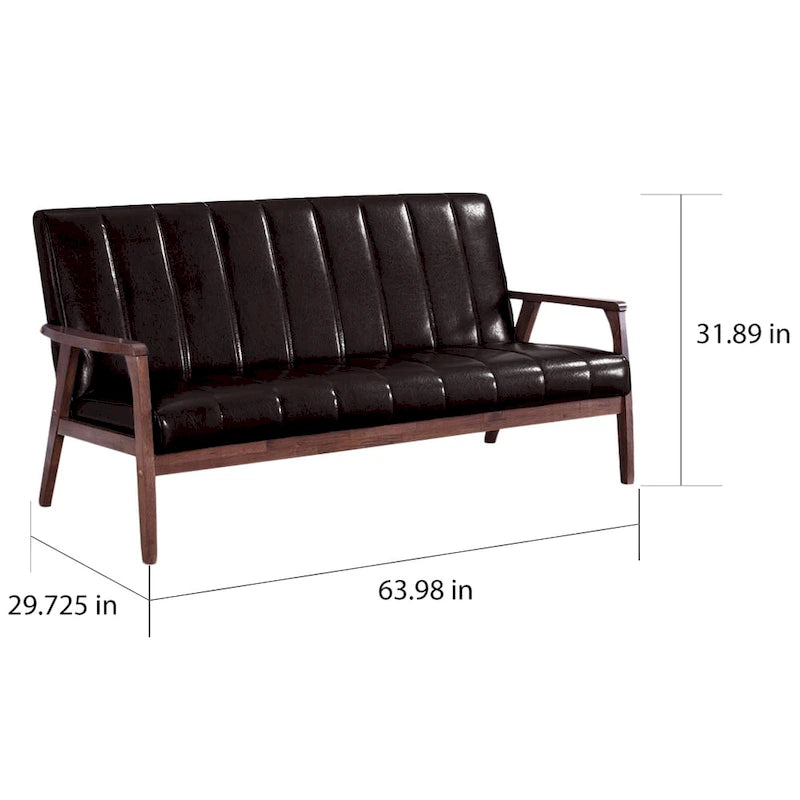 Mid-Century Modern Dark Brown Faux Leather 3-Seater Sofa