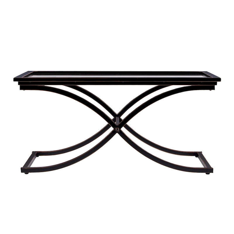 Black & Copper Distressed Metal Coffee Table with Tempered Glass Top
