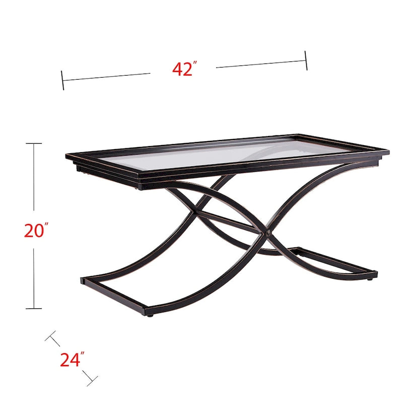 Black & Copper Distressed Metal Coffee Table with Tempered Glass Top