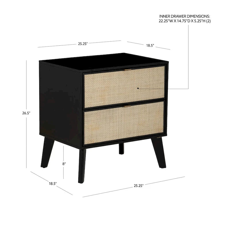 2-Drawer Wooden & Cane Mid-Century Nightstand